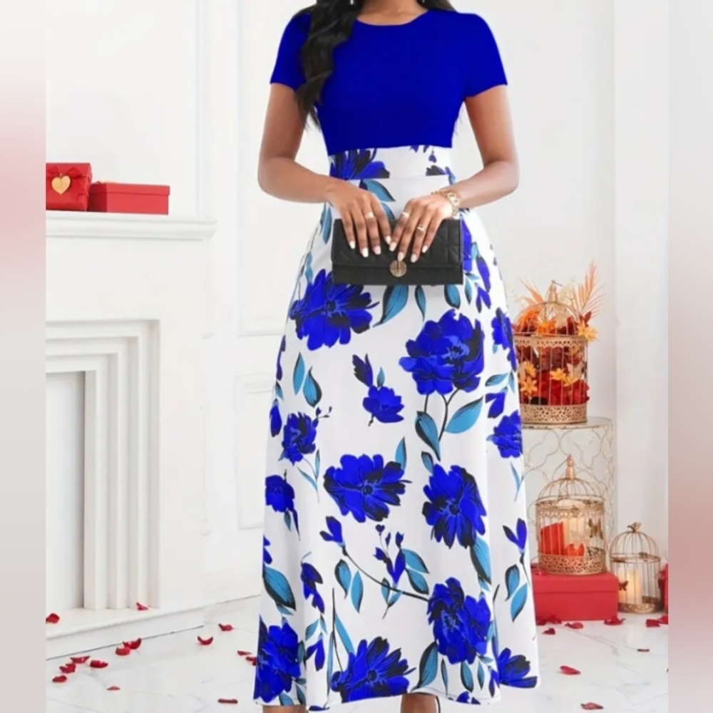 NEW Women Floral Printed Short Sleeve Maxi Dress